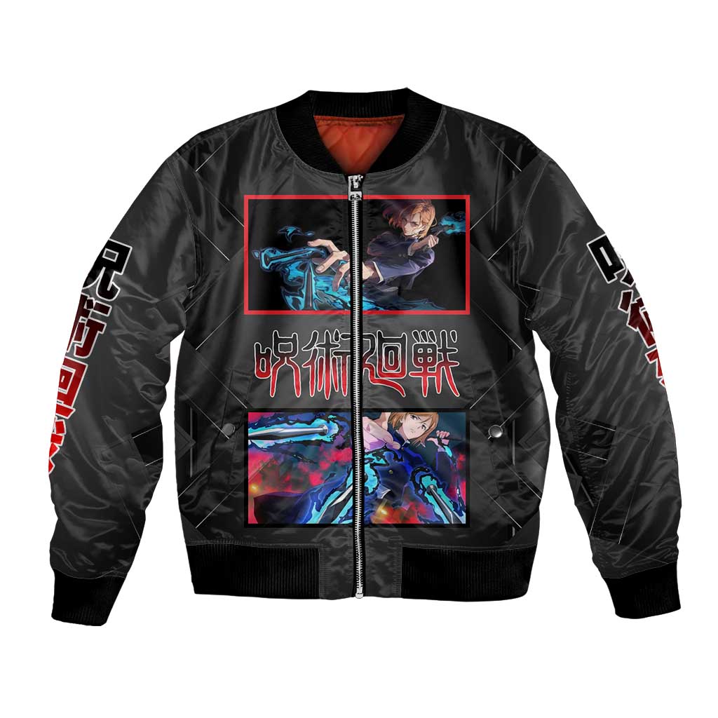 Nobara Kugisaki Jujutsu Kaisen Bomber Jacket with Black Red Design and Cursed Energy Battle Pose Graphic - The Mazicc