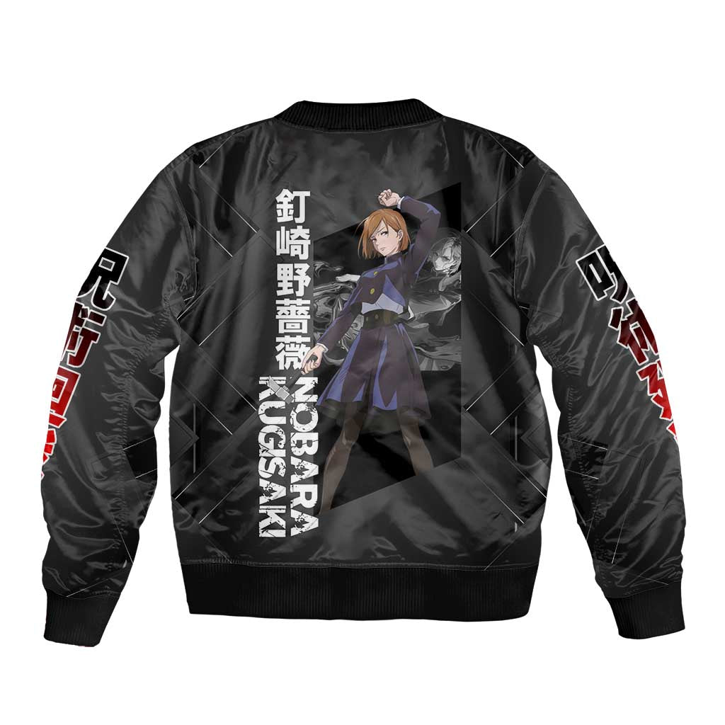 Nobara Kugisaki Jujutsu Kaisen Bomber Jacket with Black Red Design and Cursed Energy Battle Pose Graphic - The Mazicc