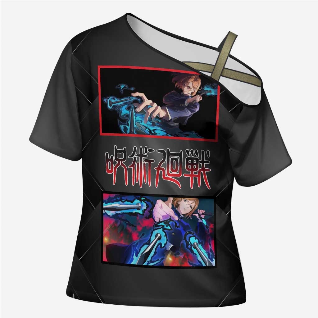 Nobara Kugisaki Jujutsu Kaisen Cross Shoulder Shirt with Black Red Design and Cursed Energy Battle Pose Graphic - The Mazicc