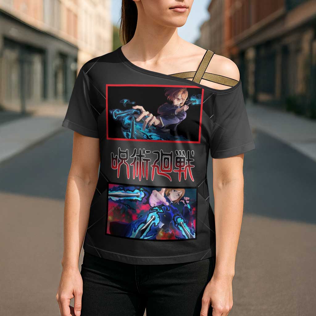 Nobara Kugisaki Jujutsu Kaisen Cross Shoulder Shirt with Black Red Design and Cursed Energy Battle Pose Graphic - The Mazicc