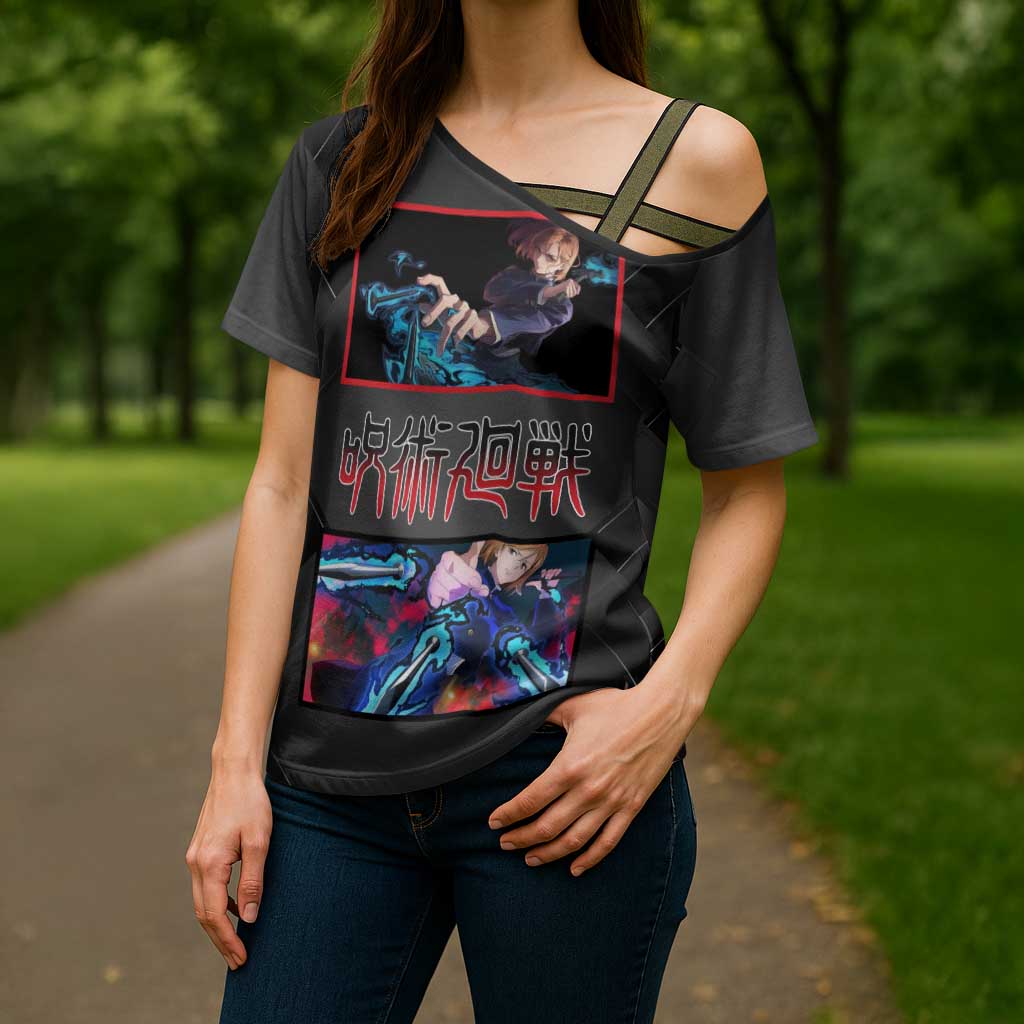 Nobara Kugisaki Jujutsu Kaisen Cross Shoulder Shirt with Black Red Design and Cursed Energy Battle Pose Graphic - The Mazicc