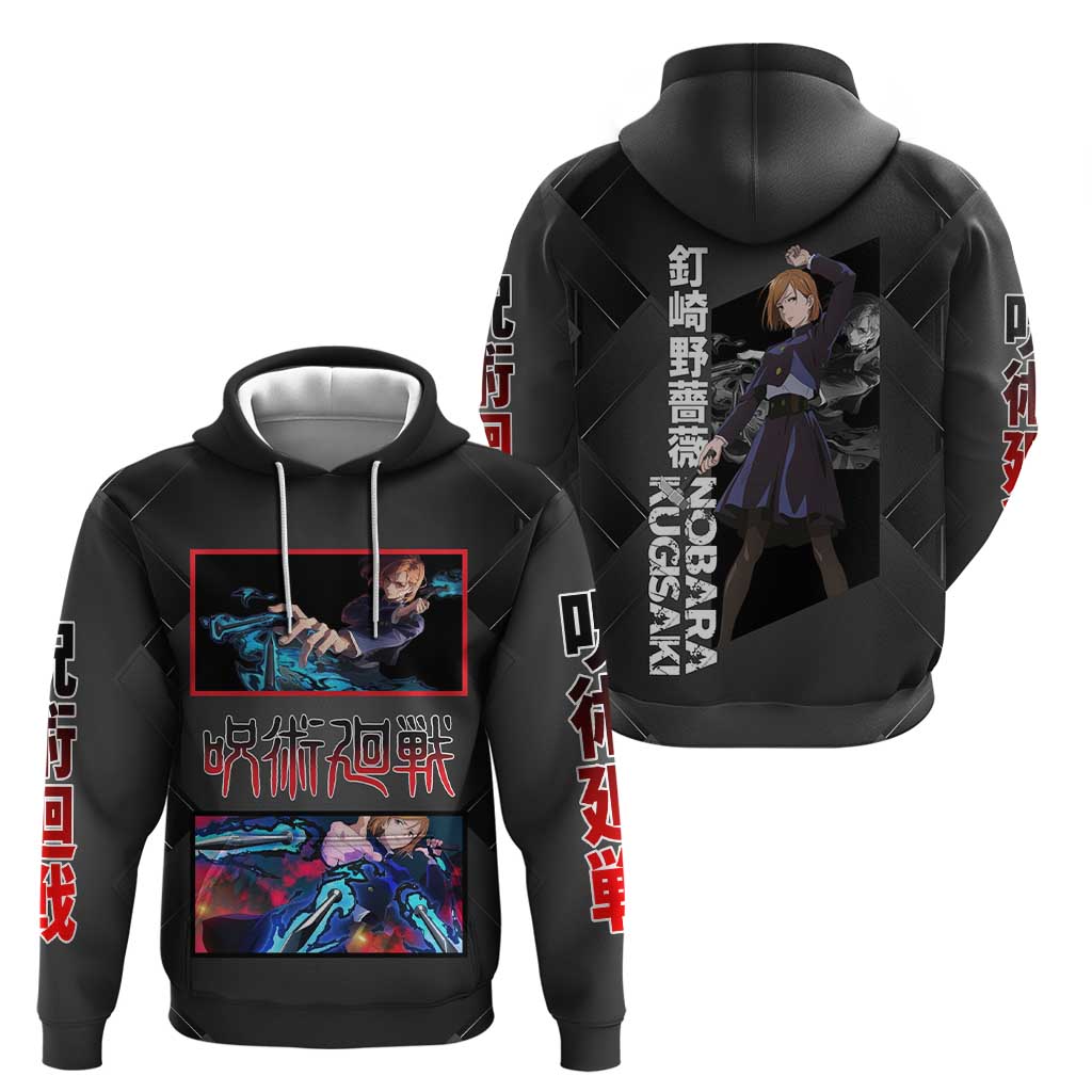 Nobara Kugisaki Jujutsu Kaisen Hoodie with Black Red Design and Cursed Energy Battle Pose Graphic - The Mazicc