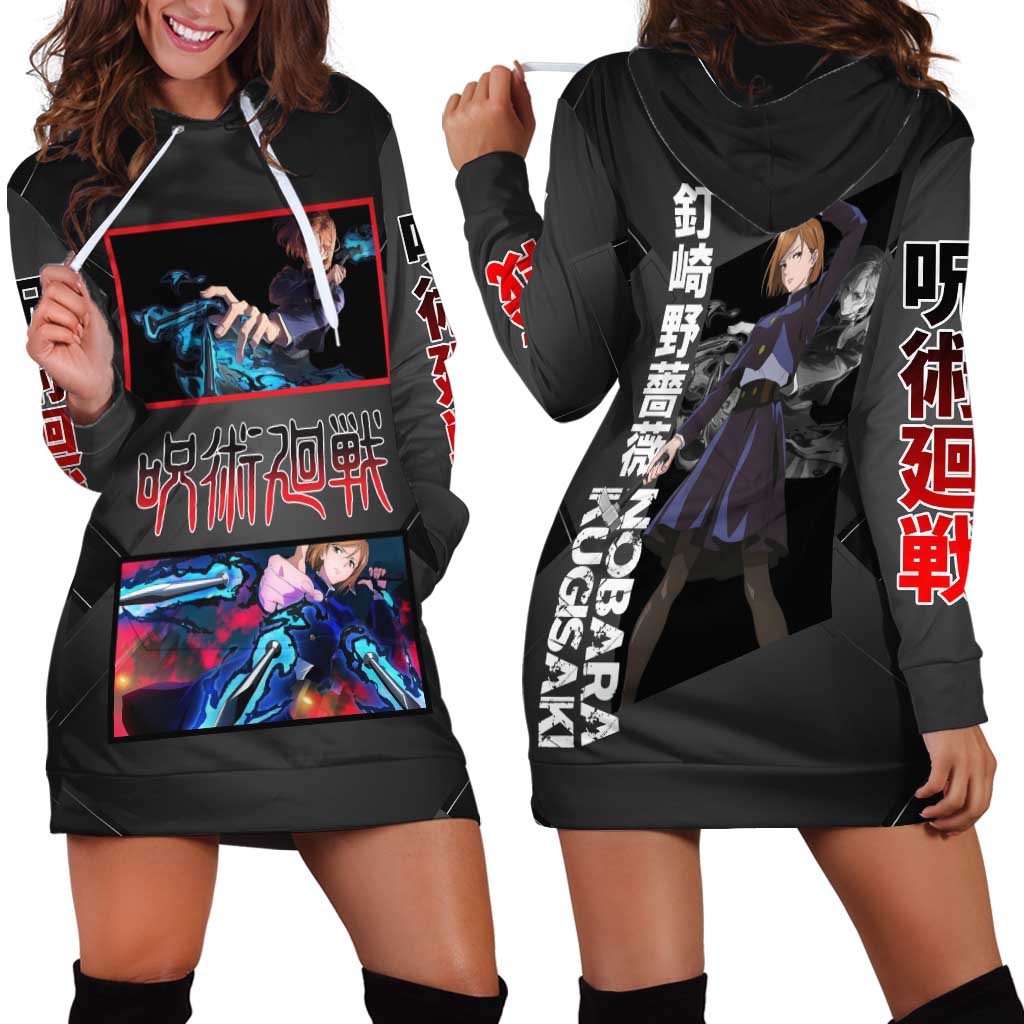 Nobara Kugisaki Jujutsu Kaisen Hoodie Dress with Black Red Design and Cursed Energy Battle Pose Graphic - The Mazicc