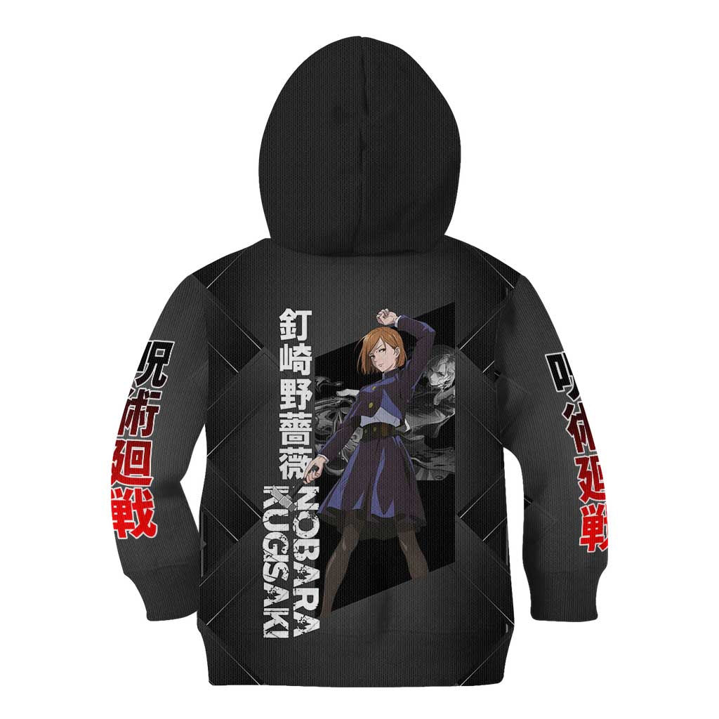 Nobara Kugisaki Jujutsu Kaisen Kid Hoodie with Black Red Design and Cursed Energy Battle Pose Graphic - The Mazicc
