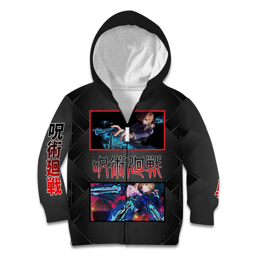 Nobara Kugisaki Jujutsu Kaisen Kid Hoodie with Black Red Design and Cursed Energy Battle Pose Graphic - The Mazicc