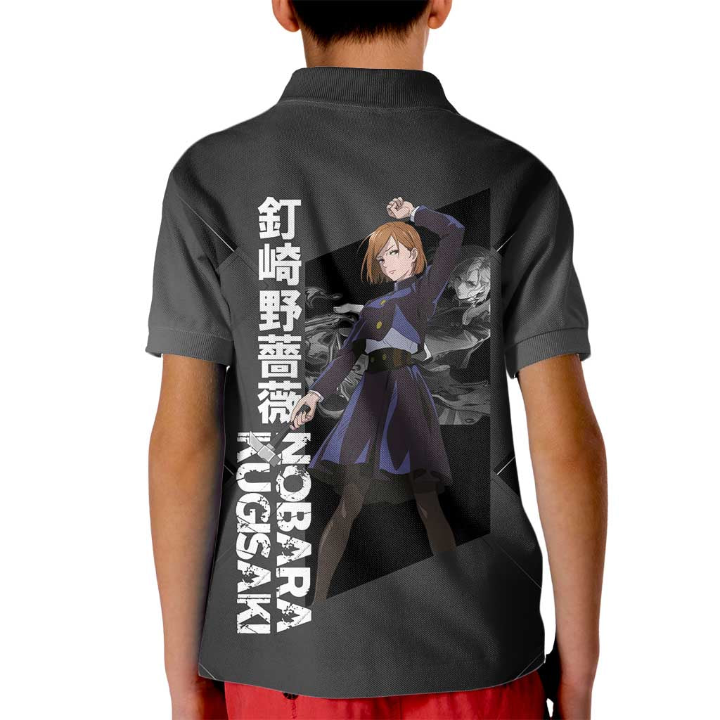 Nobara Kugisaki Jujutsu Kaisen Kid Polo Shirt with Black Red Design and Cursed Energy Battle Pose Graphic - The Mazicc