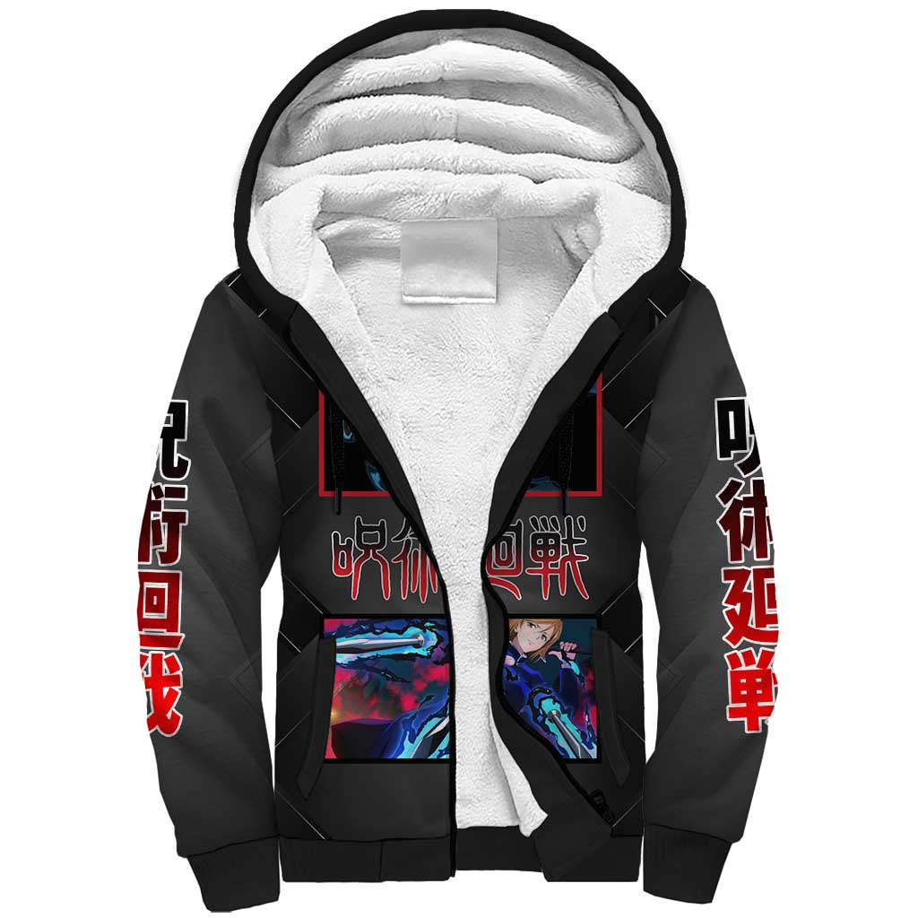 Nobara Kugisaki Jujutsu Kaisen Sherpa Hoodie with Black Red Design and Cursed Energy Battle Pose Graphic - The Mazicc
