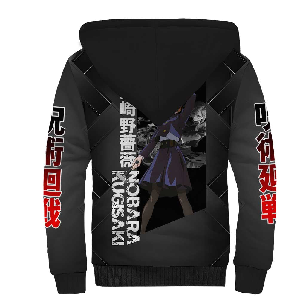 Nobara Kugisaki Jujutsu Kaisen Sherpa Hoodie with Black Red Design and Cursed Energy Battle Pose Graphic - The Mazicc