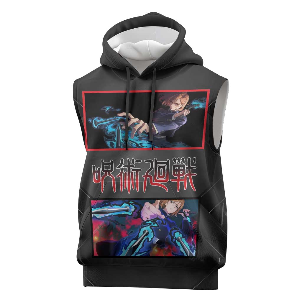 Nobara Kugisaki Jujutsu Kaisen Sleeveless Hoodie with Black Red Design and Cursed Energy Battle Pose Graphic - The Mazicc