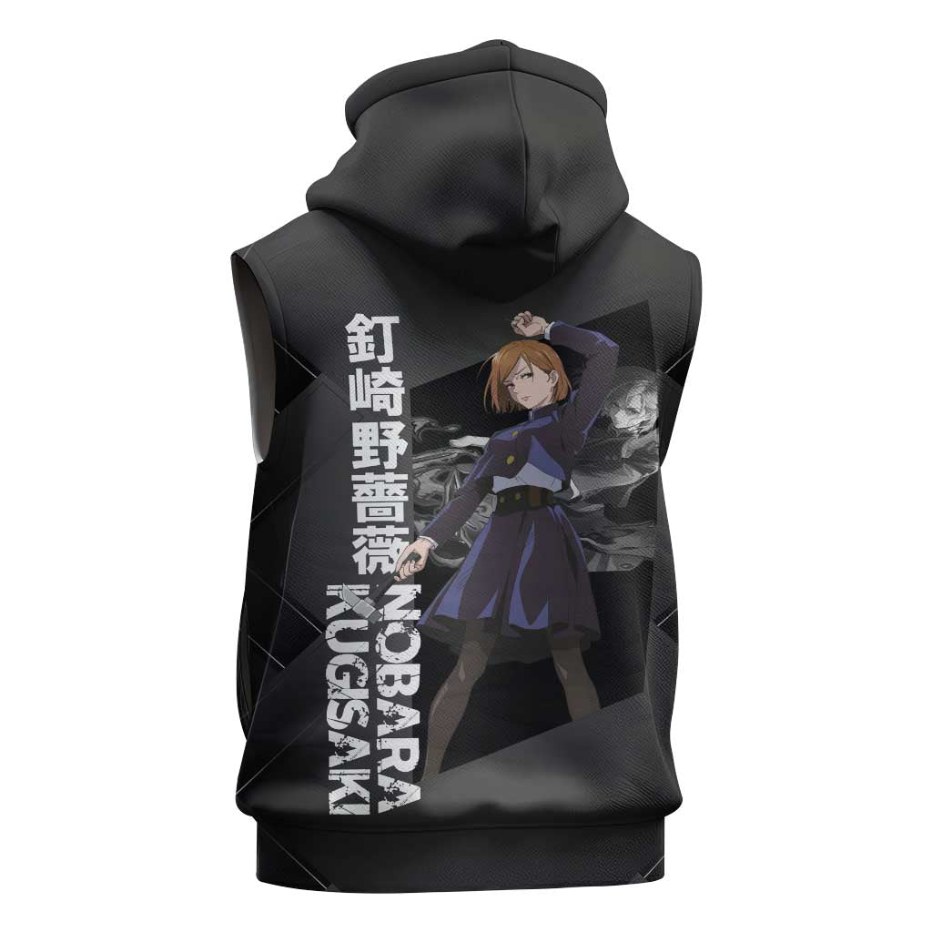 Nobara Kugisaki Jujutsu Kaisen Sleeveless Hoodie with Black Red Design and Cursed Energy Battle Pose Graphic - The Mazicc