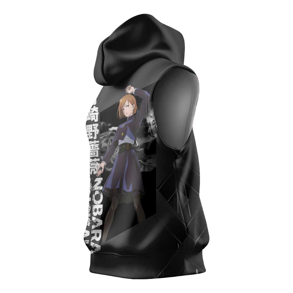 Nobara Kugisaki Jujutsu Kaisen Sleeveless Hoodie with Black Red Design and Cursed Energy Battle Pose Graphic - The Mazicc