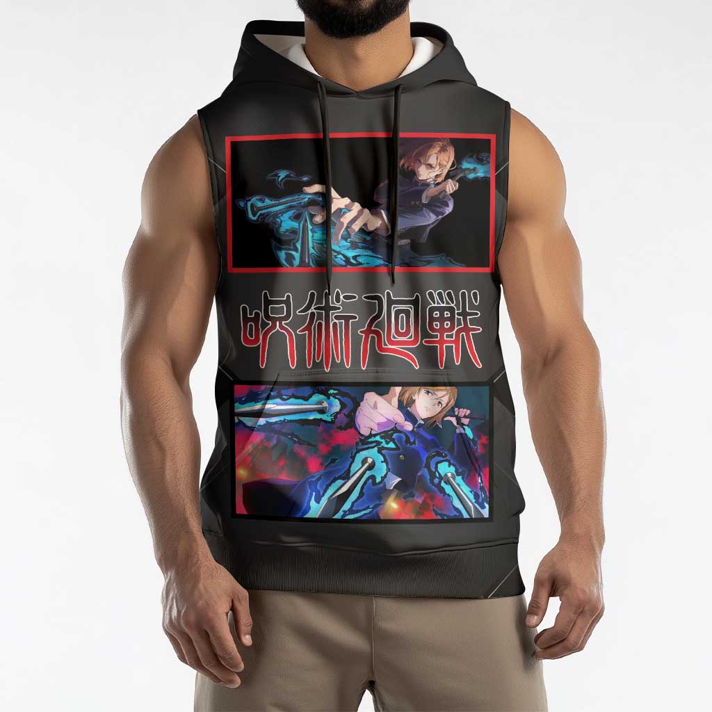 Nobara Kugisaki Jujutsu Kaisen Sleeveless Hoodie with Black Red Design and Cursed Energy Battle Pose Graphic - The Mazicc