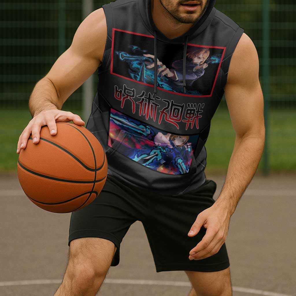Nobara Kugisaki Jujutsu Kaisen Sleeveless Hoodie with Black Red Design and Cursed Energy Battle Pose Graphic - The Mazicc
