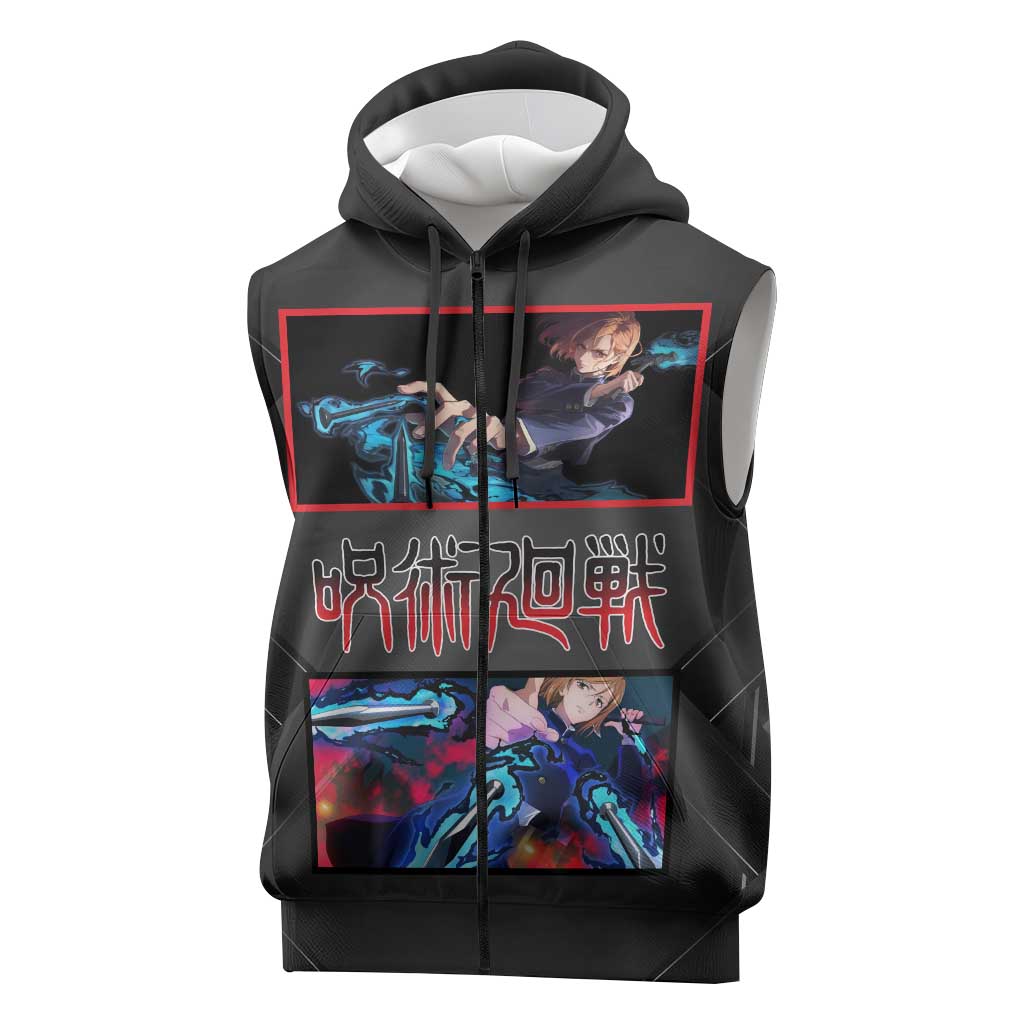 Nobara Kugisaki Jujutsu Kaisen Sleeveless Zip Hoodie with Black Red Design and Cursed Energy Battle Pose Graphic - The Mazicc