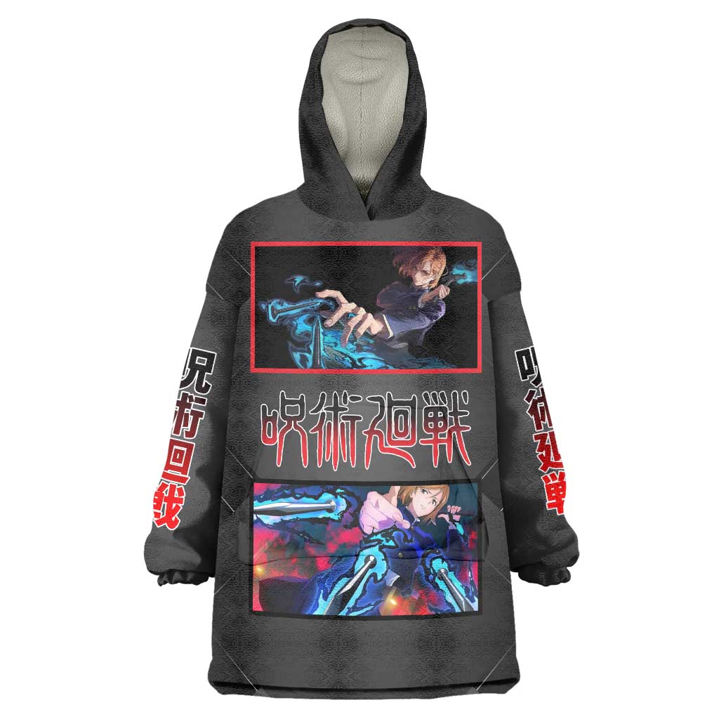 Nobara Kugisaki Jujutsu Kaisen Wearable Blanket Hoodie with Black Red Design and Cursed Energy Battle Pose Graphic - The Mazicc