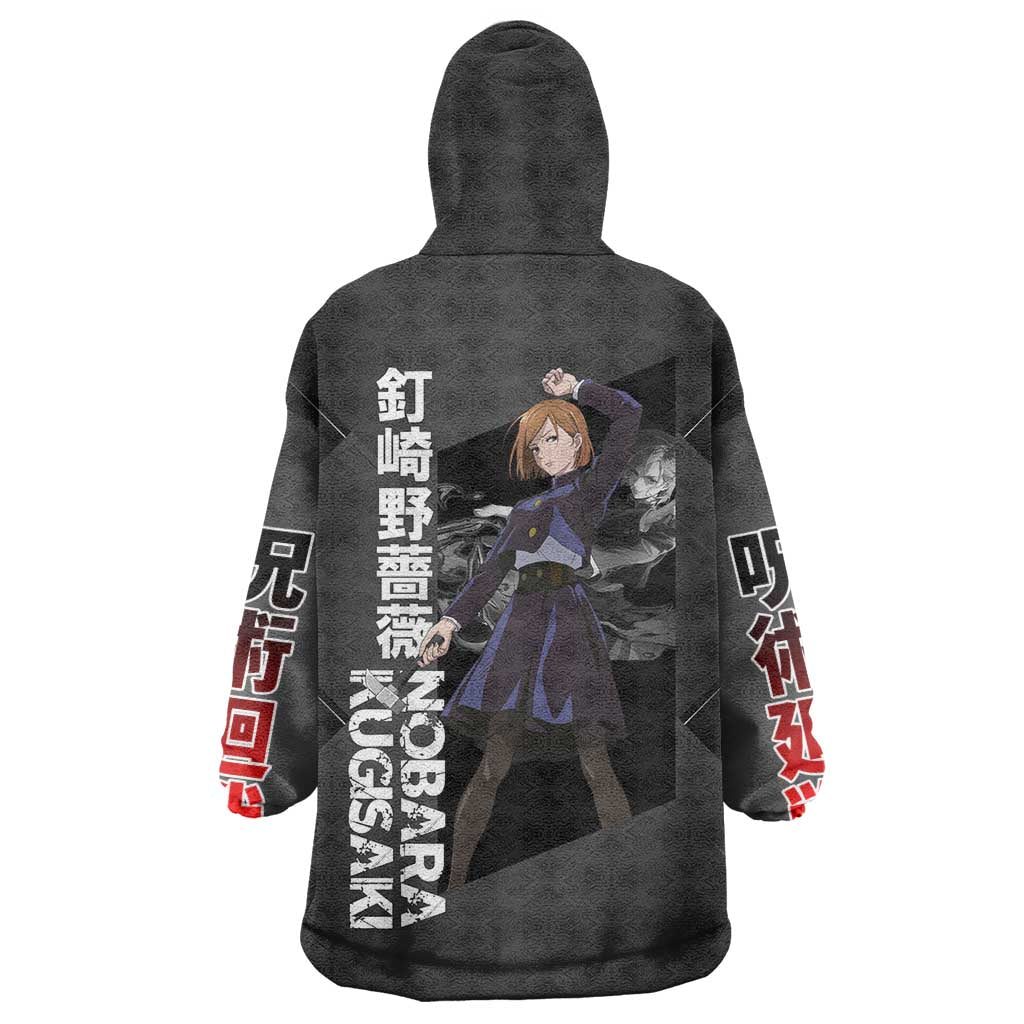 Nobara Kugisaki Jujutsu Kaisen Wearable Blanket Hoodie with Black Red Design and Cursed Energy Battle Pose Graphic - The Mazicc