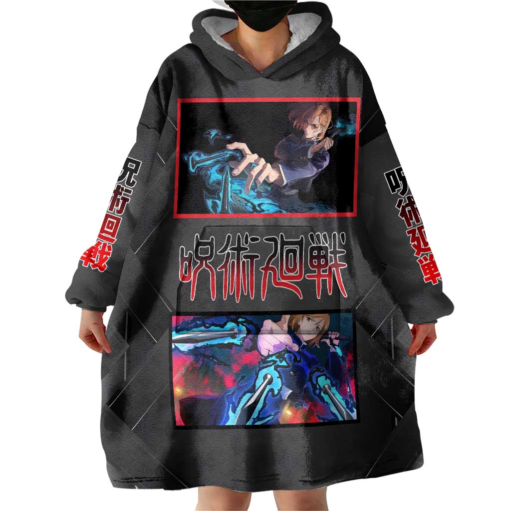 Nobara Kugisaki Jujutsu Kaisen Wearable Blanket Hoodie with Black Red Design and Cursed Energy Battle Pose Graphic - The Mazicc