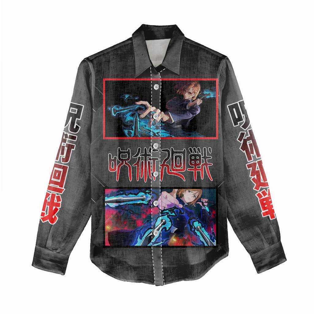 Nobara Kugisaki Jujutsu Kaisen Women Casual Shirt with Black Red Design and Cursed Energy Battle Pose Graphic - The Mazicc