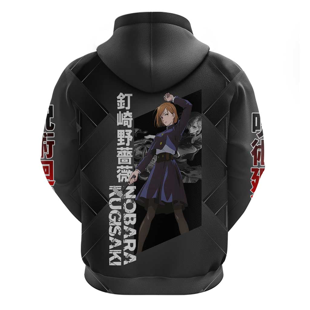 Nobara Kugisaki Jujutsu Kaisen Zip Hoodie with Black Red Design and Cursed Energy Battle Pose Graphic - The Mazicc