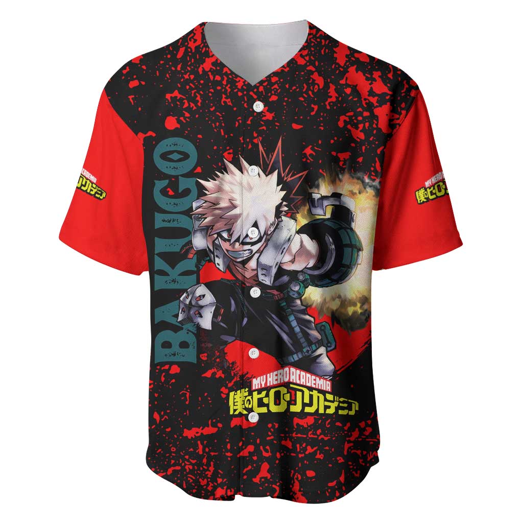 Katsuki Bakugo My Hero Academia Baseball Jersey with Red Black Splatter and Explosive Battle Pose Anime Design - The Mazicc