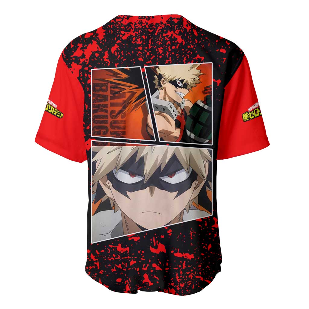 Katsuki Bakugo My Hero Academia Baseball Jersey with Red Black Splatter and Explosive Battle Pose Anime Design - The Mazicc