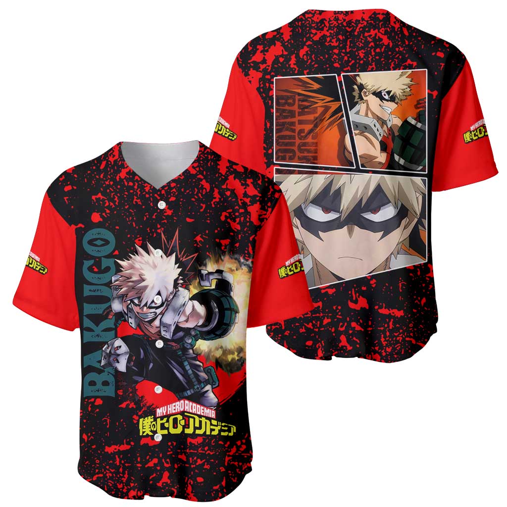 Katsuki Bakugo My Hero Academia Baseball Jersey with Red Black Splatter and Explosive Battle Pose Anime Design - The Mazicc