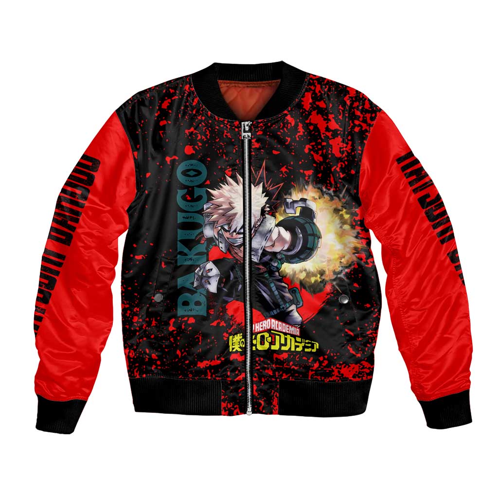 Katsuki Bakugo My Hero Academia Bomber Jacket with Red Black Splatter and Explosive Battle Pose Anime Design - The Mazicc