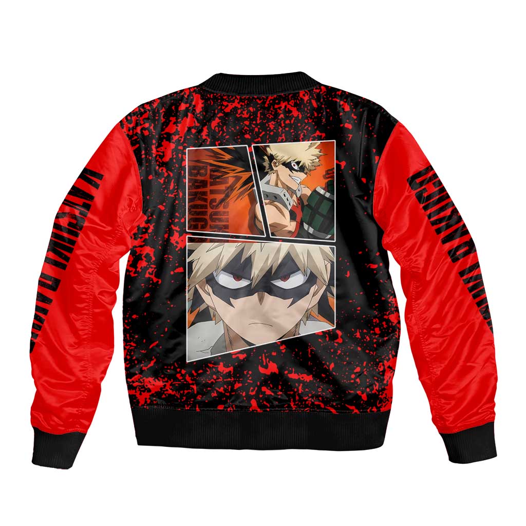 Katsuki Bakugo My Hero Academia Bomber Jacket with Red Black Splatter and Explosive Battle Pose Anime Design - The Mazicc