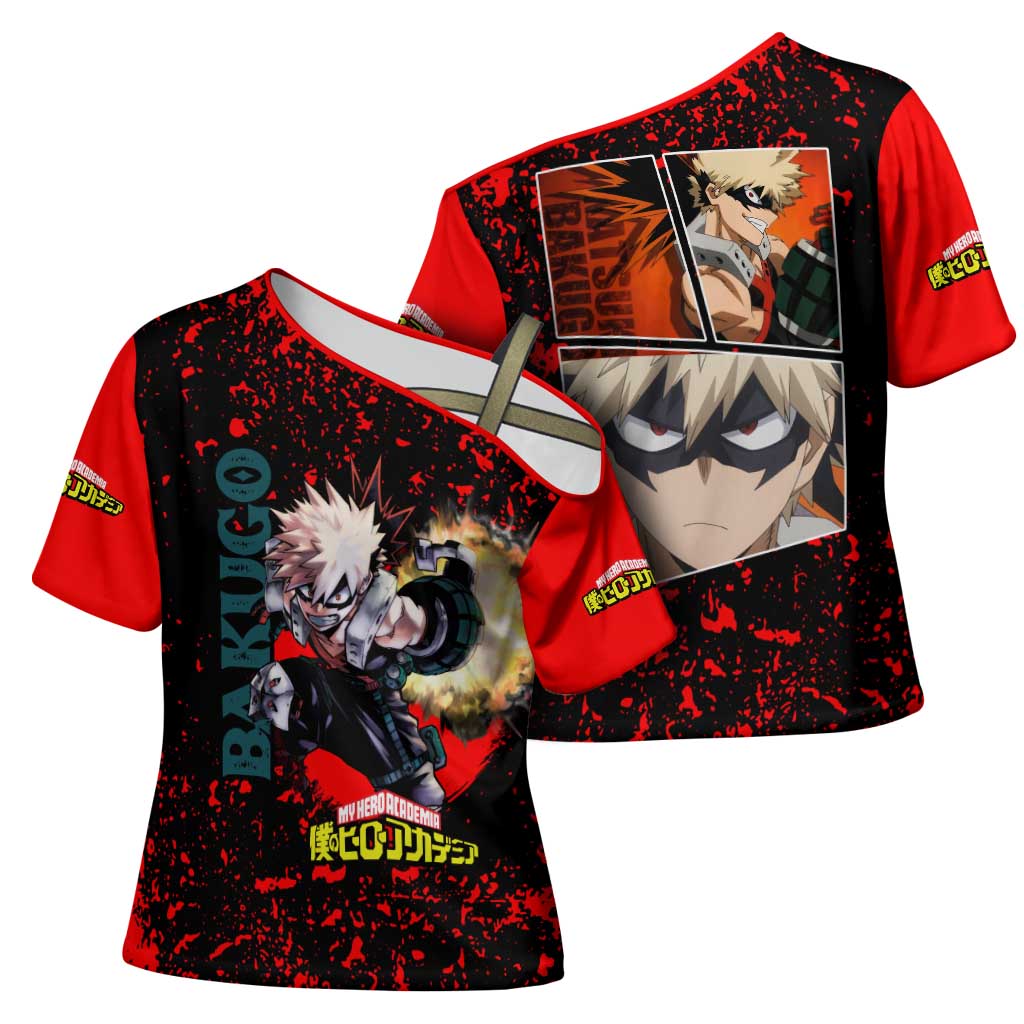 Katsuki Bakugo My Hero Academia Cross Shoulder Shirt with Red Black Splatter and Explosive Battle Pose Anime Design - The Mazicc