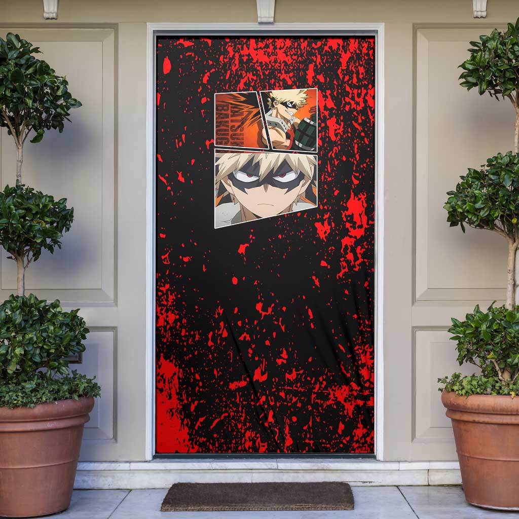Katsuki Bakugo My Hero Academia Door Cover with Red Black Splatter and Explosive Battle Pose Anime Design - The Mazicc