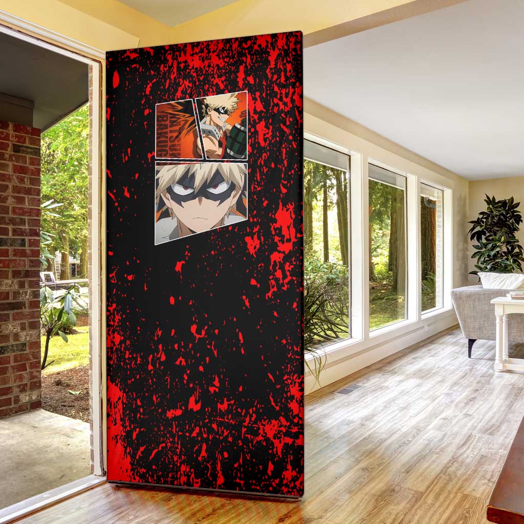 Katsuki Bakugo My Hero Academia Door Cover with Red Black Splatter and Explosive Battle Pose Anime Design - The Mazicc