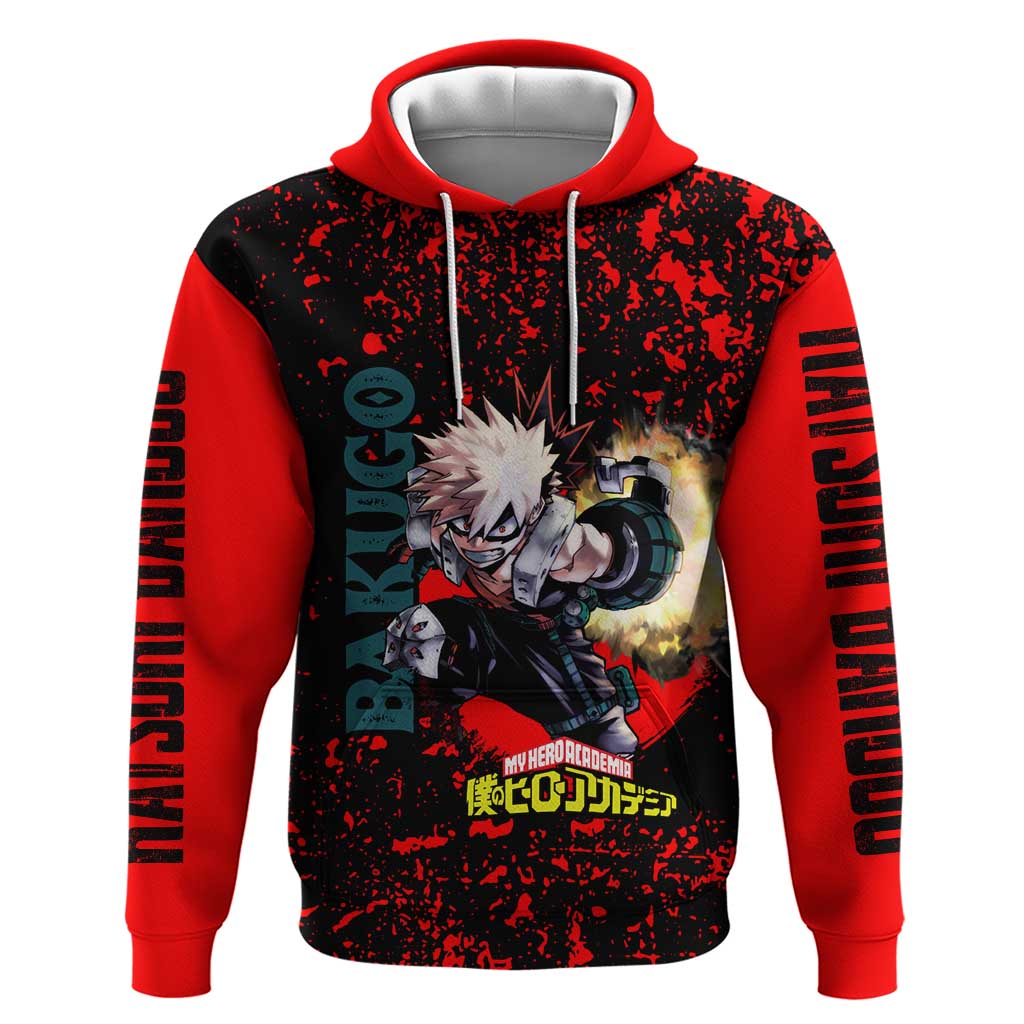 Katsuki Bakugo My Hero Academia Hoodie with Red Black Splatter and Explosive Battle Pose Anime Design - The Mazicc