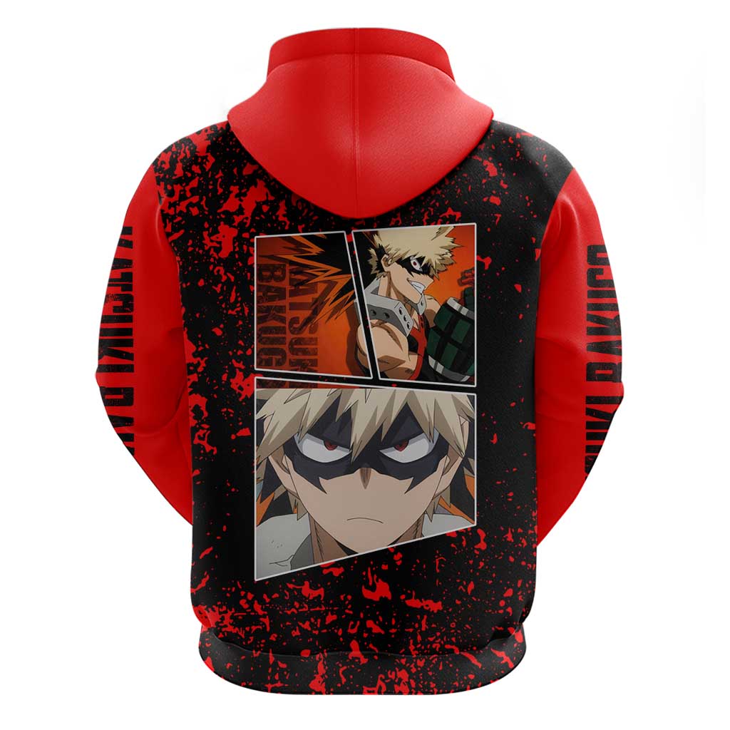 Katsuki Bakugo My Hero Academia Hoodie with Red Black Splatter and Explosive Battle Pose Anime Design - The Mazicc