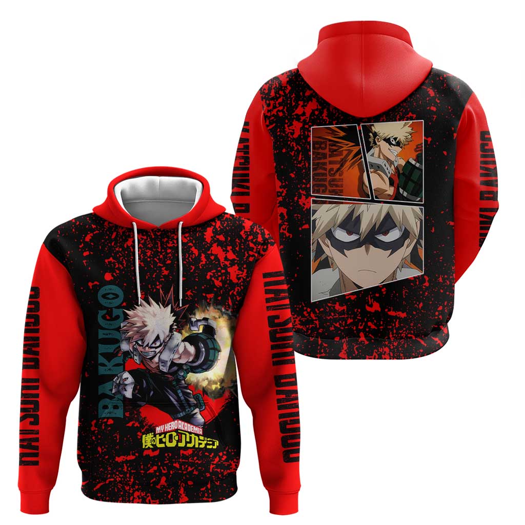 Katsuki Bakugo My Hero Academia Hoodie with Red Black Splatter and Explosive Battle Pose Anime Design - The Mazicc