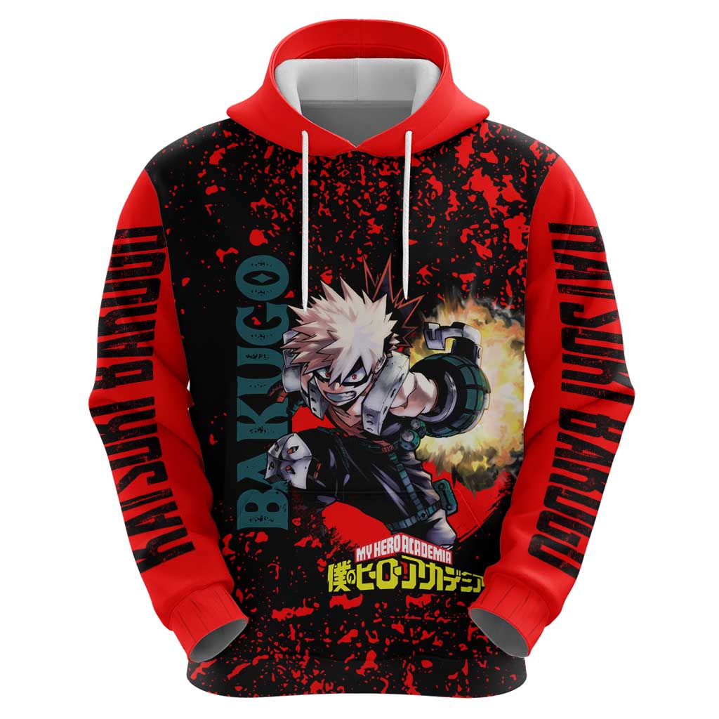 Katsuki Bakugo My Hero Academia Hoodie with Red Black Splatter and Explosive Battle Pose Anime Design - The Mazicc