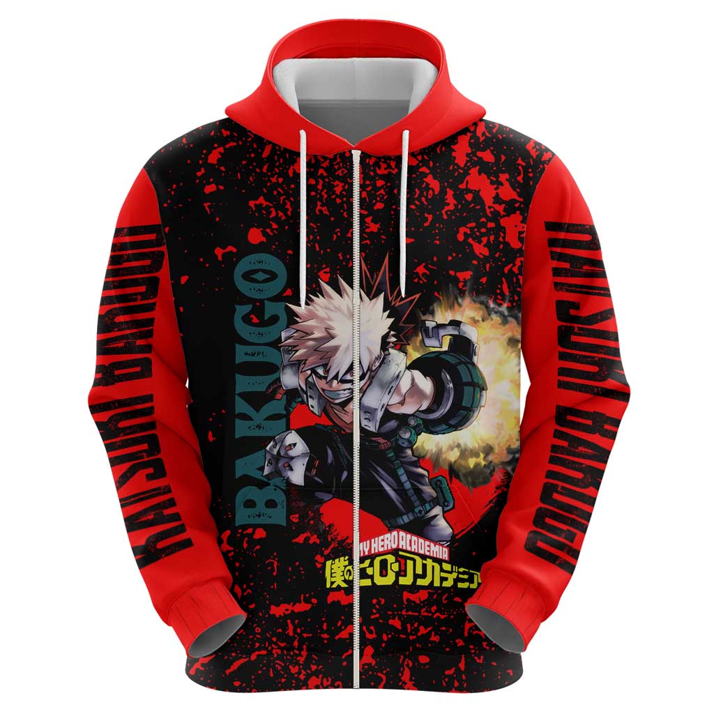 Katsuki Bakugo My Hero Academia Hoodie with Red Black Splatter and Explosive Battle Pose Anime Design - The Mazicc