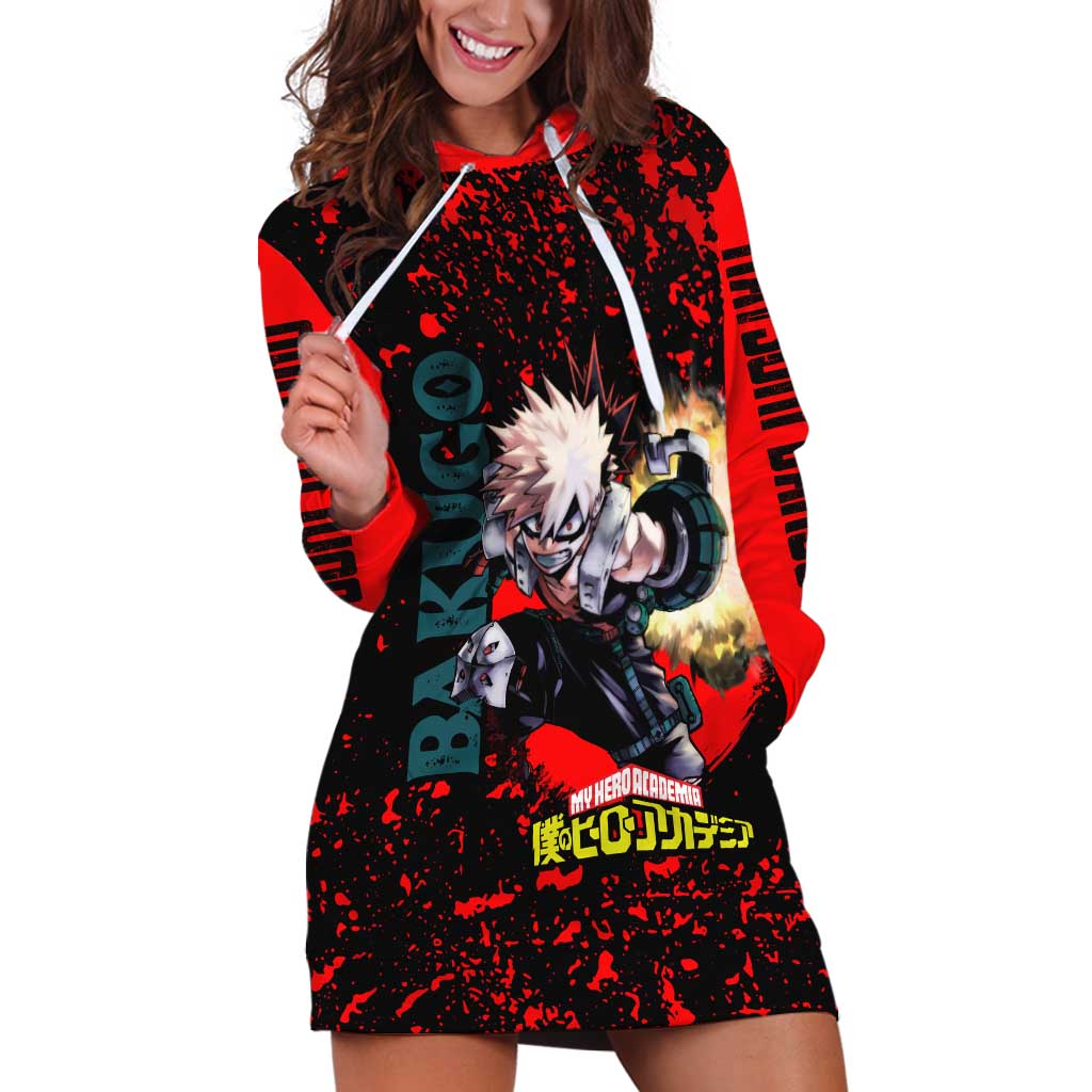 Katsuki Bakugo My Hero Academia Hoodie Dress with Red Black Splatter and Explosive Battle Pose Anime Design - The Mazicc