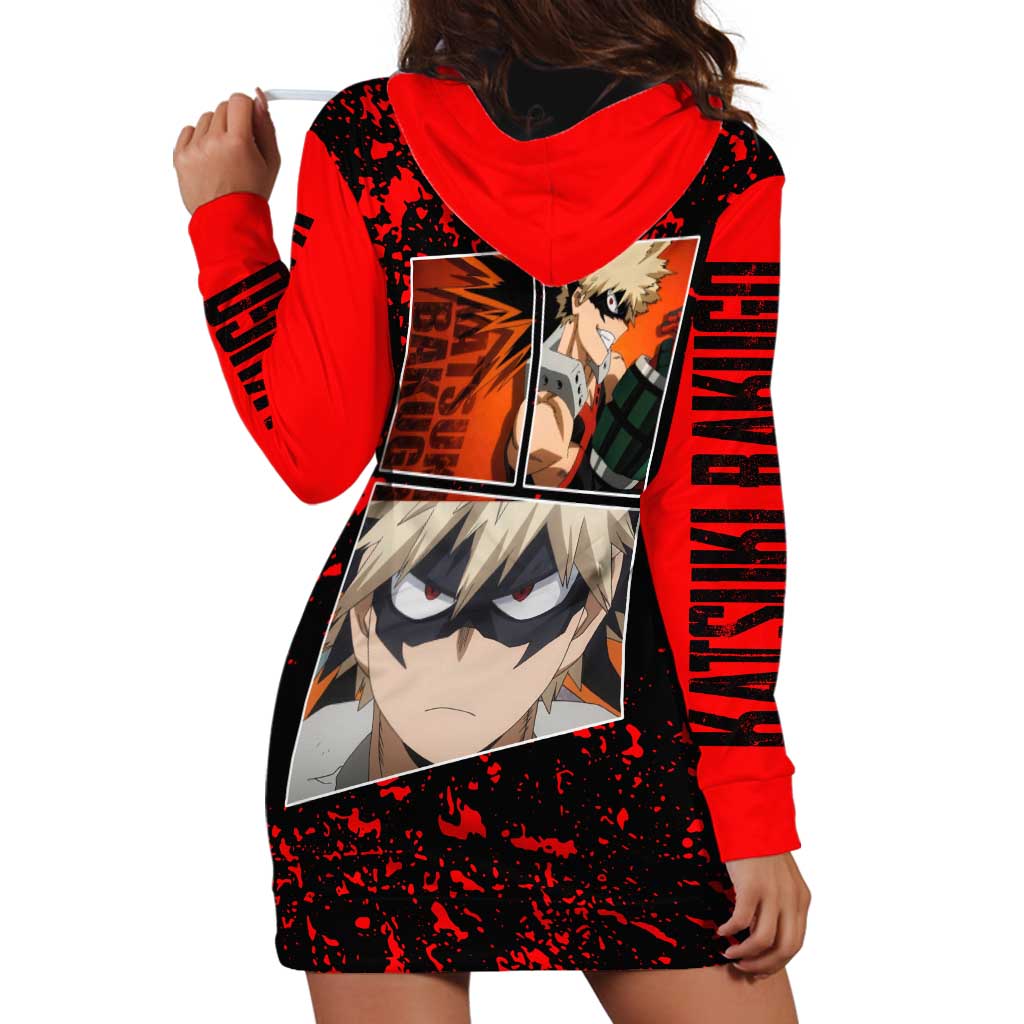 Katsuki Bakugo My Hero Academia Hoodie Dress with Red Black Splatter and Explosive Battle Pose Anime Design - The Mazicc