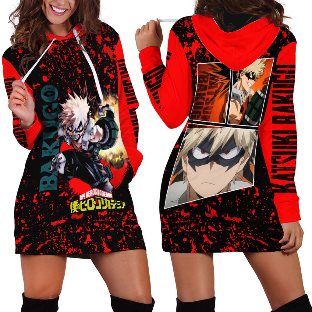 Katsuki Bakugo My Hero Academia Hoodie Dress with Red Black Splatter and Explosive Battle Pose Anime Design - The Mazicc