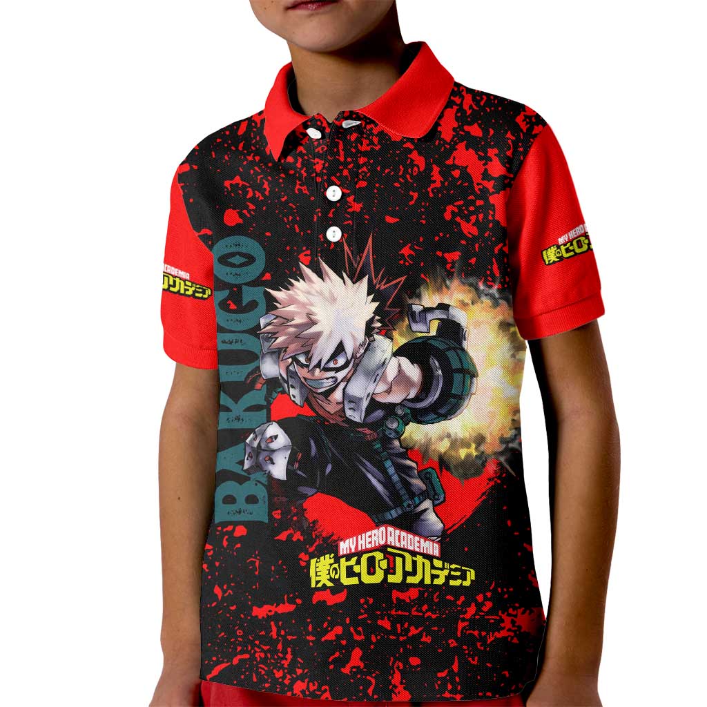 Katsuki Bakugo My Hero Academia Kid Polo Shirt with Red Black Splatter and Explosive Battle Pose Anime Design - The Mazicc
