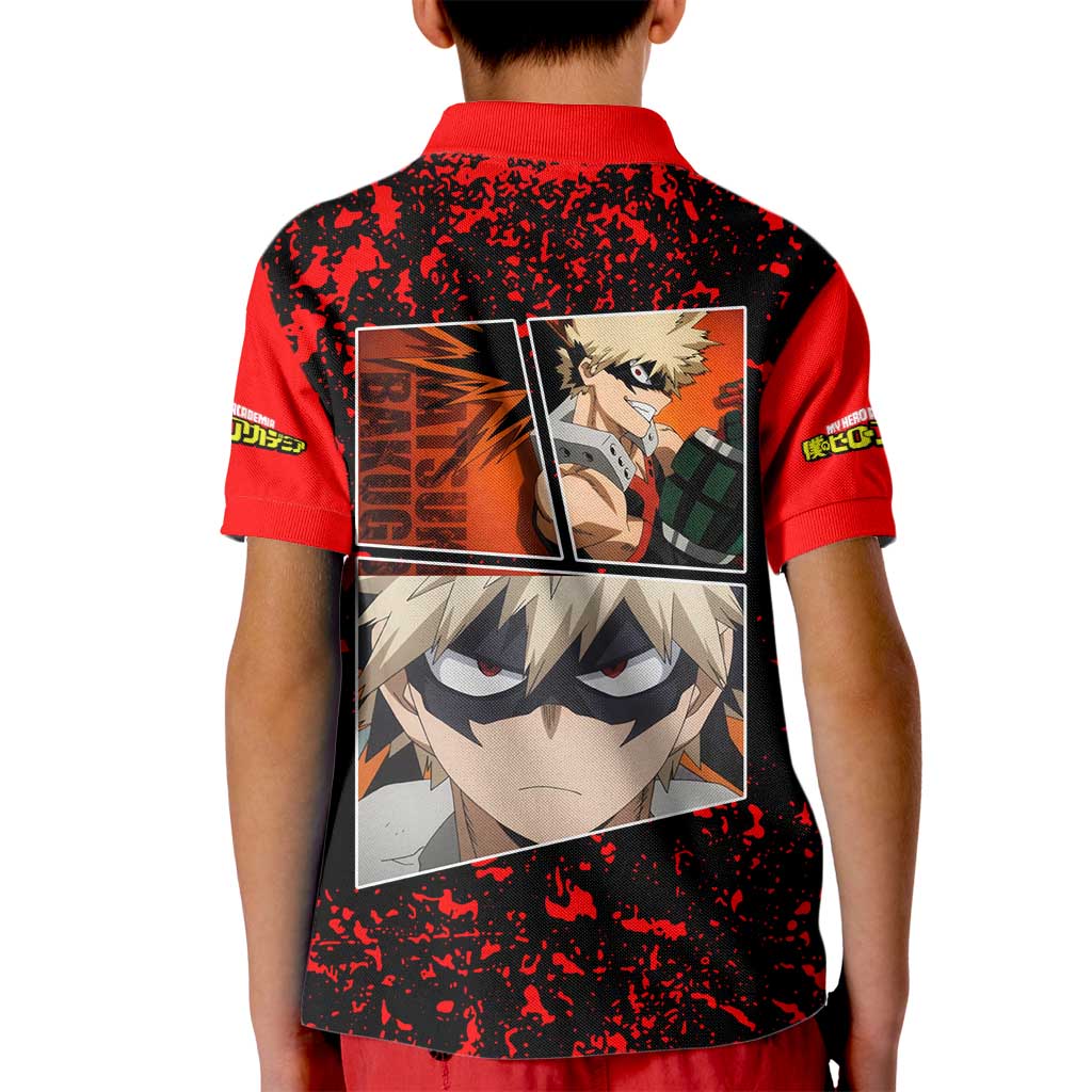 Katsuki Bakugo My Hero Academia Kid Polo Shirt with Red Black Splatter and Explosive Battle Pose Anime Design - The Mazicc