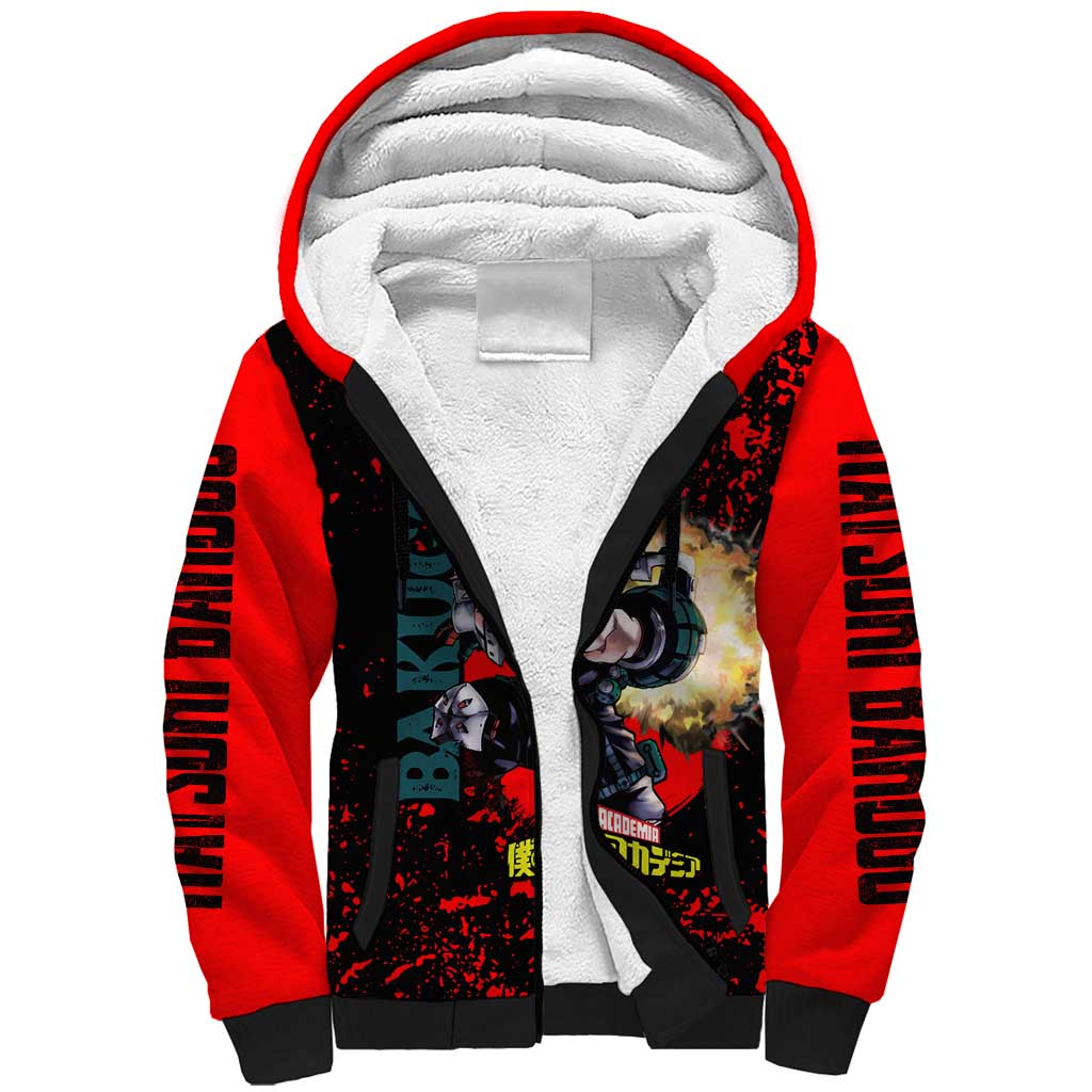 Katsuki Bakugo My Hero Academia Sherpa Hoodie with Red Black Splatter and Explosive Battle Pose Anime Design - The Mazicc