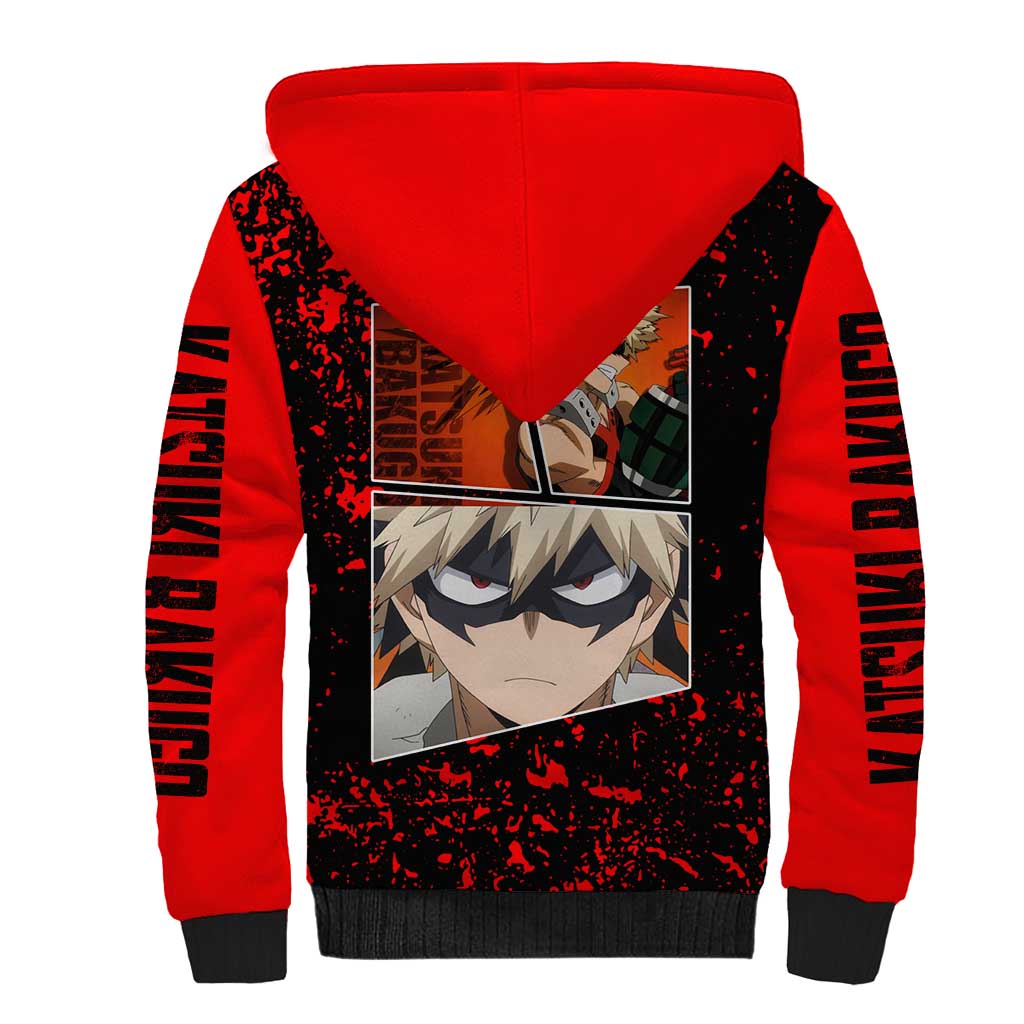 Katsuki Bakugo My Hero Academia Sherpa Hoodie with Red Black Splatter and Explosive Battle Pose Anime Design - The Mazicc