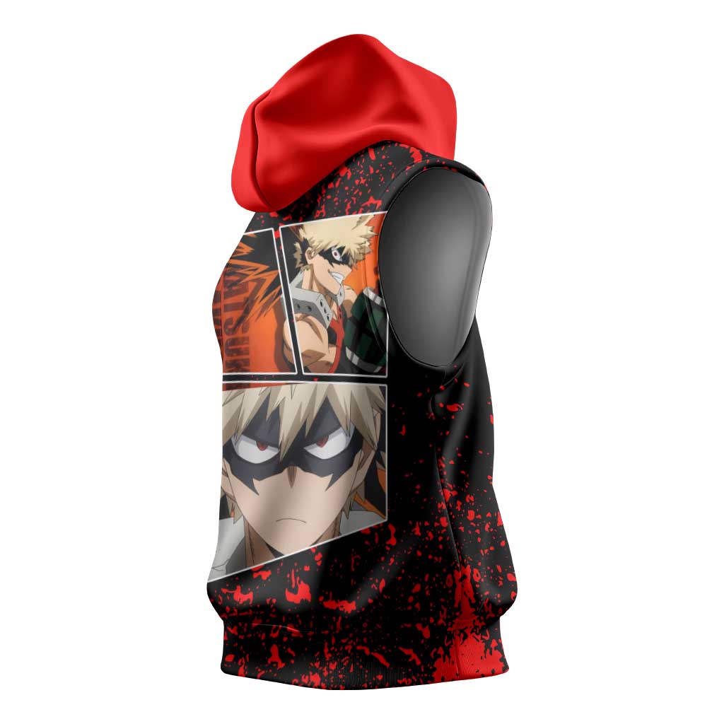 Katsuki Bakugo My Hero Academia Sleeveless Hoodie with Red Black Splatter and Explosive Battle Pose Anime Design - The Mazicc