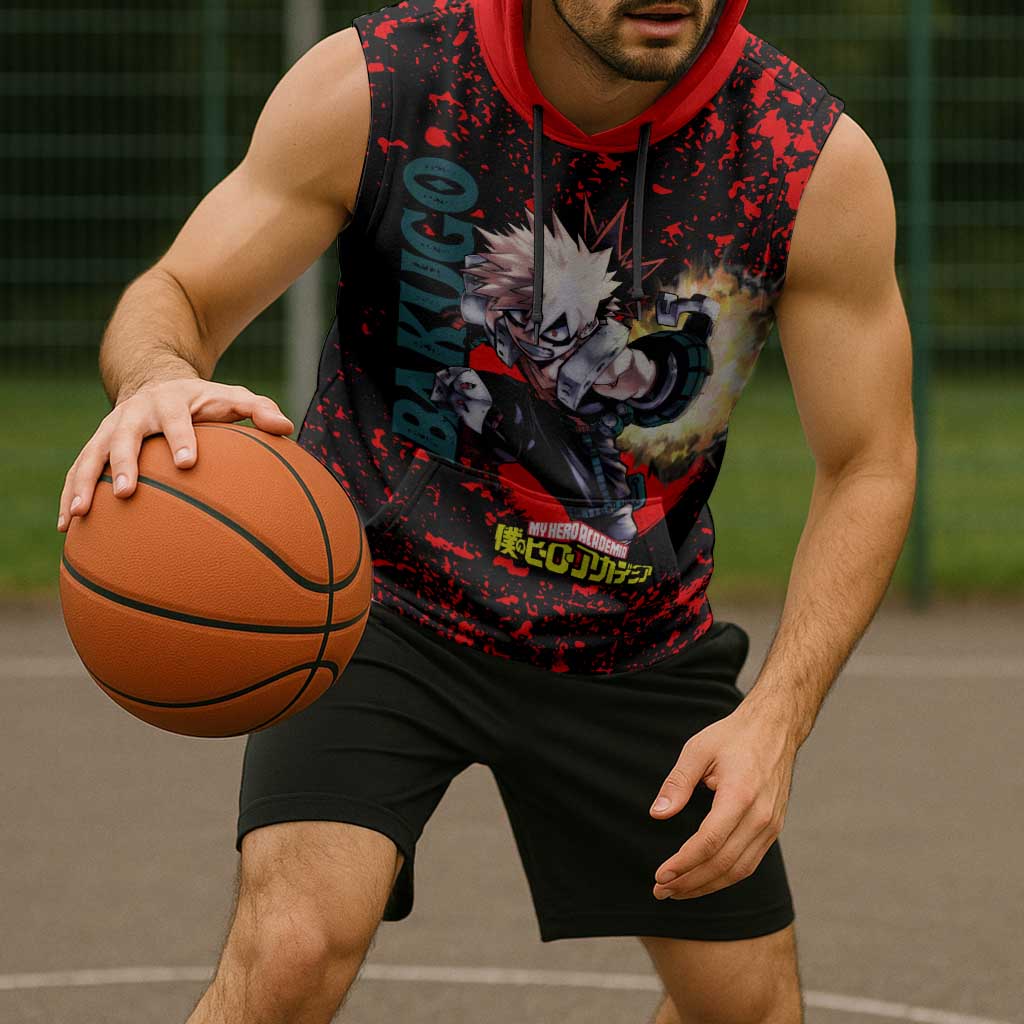 Katsuki Bakugo My Hero Academia Sleeveless Hoodie with Red Black Splatter and Explosive Battle Pose Anime Design - The Mazicc