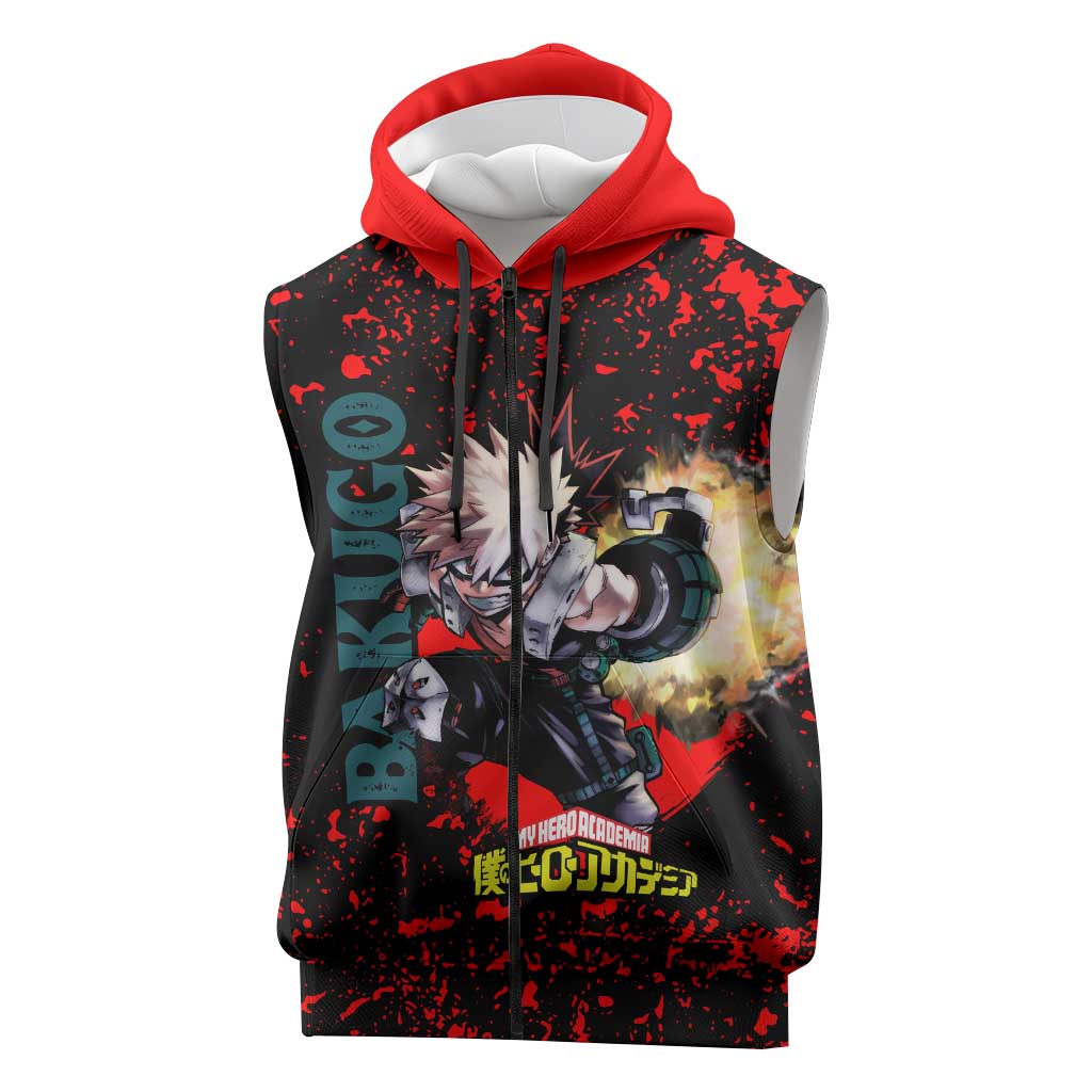 Katsuki Bakugo My Hero Academia Sleeveless Zip Hoodie with Red Black Splatter and Explosive Battle Pose Anime Design - The Mazicc
