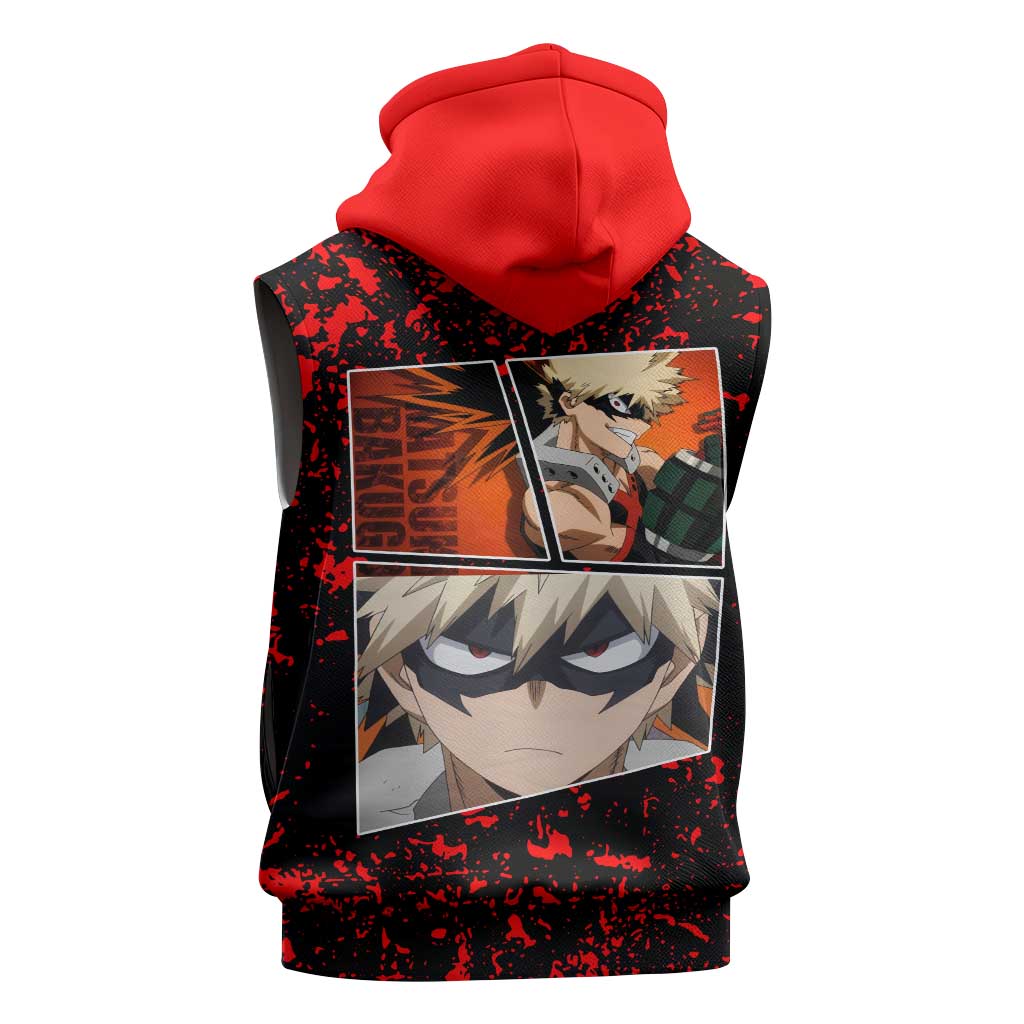 Katsuki Bakugo My Hero Academia Sleeveless Zip Hoodie with Red Black Splatter and Explosive Battle Pose Anime Design - The Mazicc