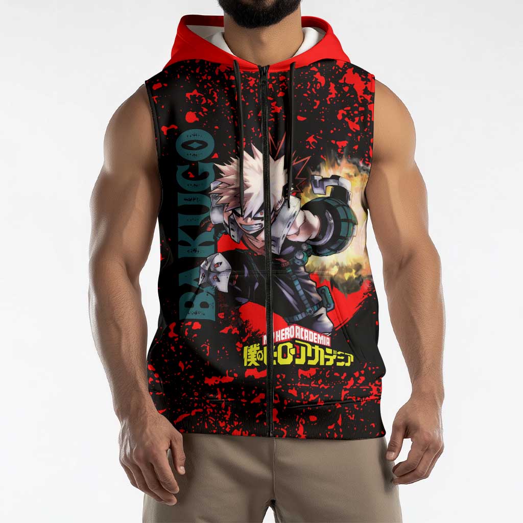 Katsuki Bakugo My Hero Academia Sleeveless Zip Hoodie with Red Black Splatter and Explosive Battle Pose Anime Design - The Mazicc