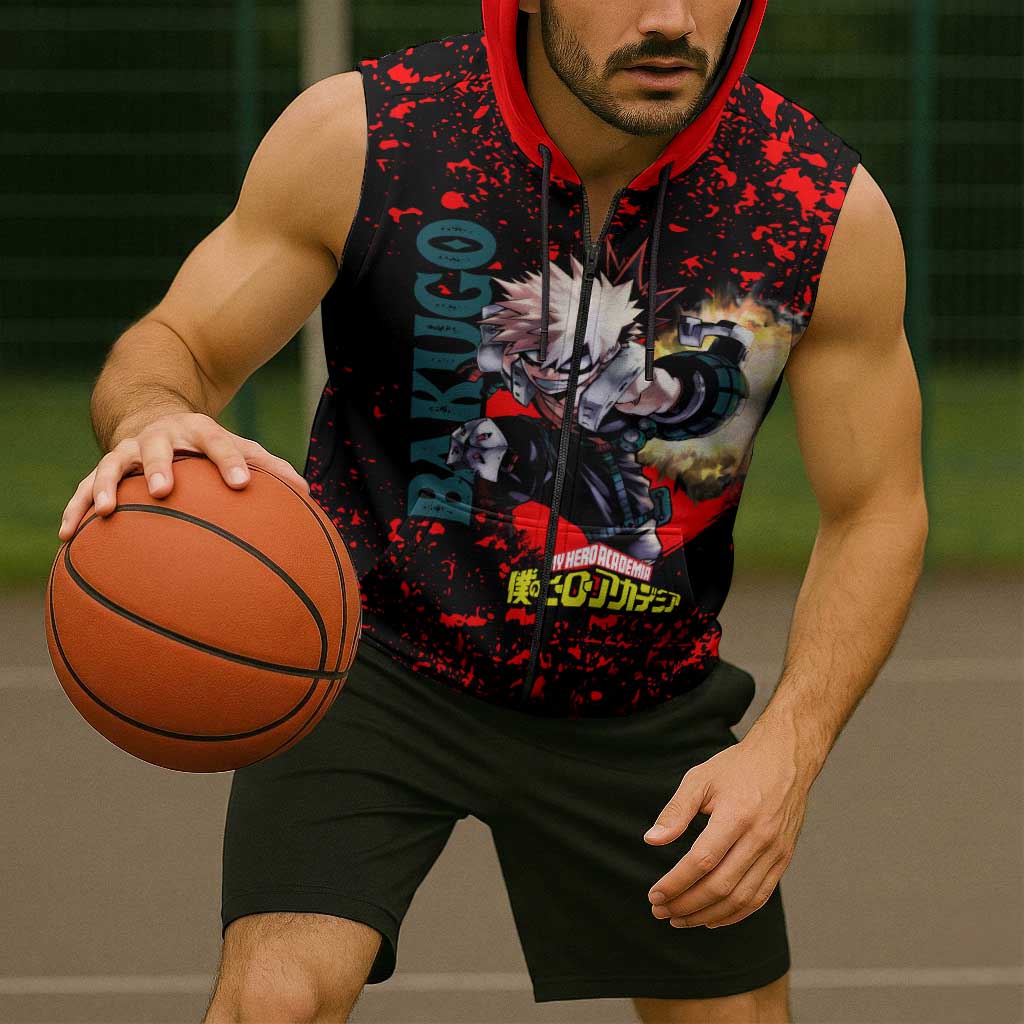 Katsuki Bakugo My Hero Academia Sleeveless Zip Hoodie with Red Black Splatter and Explosive Battle Pose Anime Design - The Mazicc