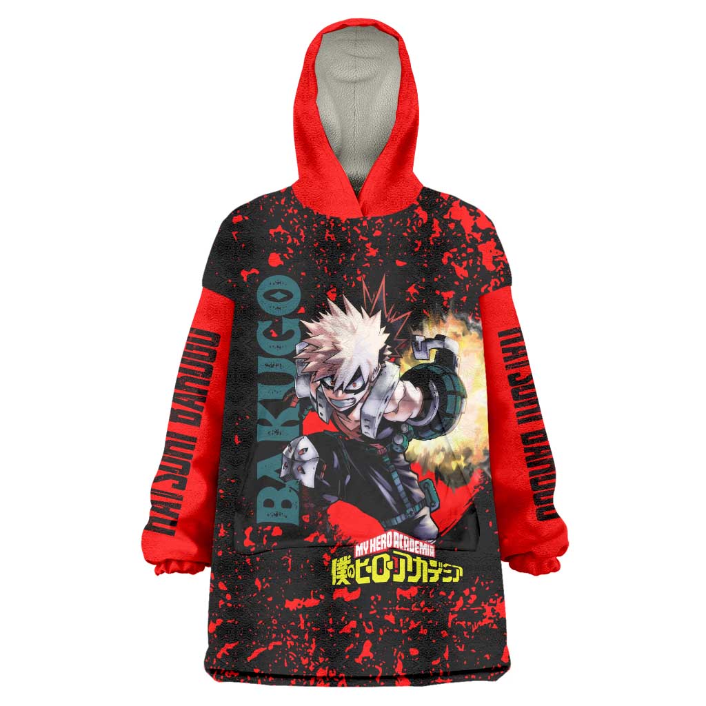 Katsuki Bakugo My Hero Academia Wearable Blanket Hoodie with Red Black Splatter and Explosive Battle Pose Anime Design - The Mazicc